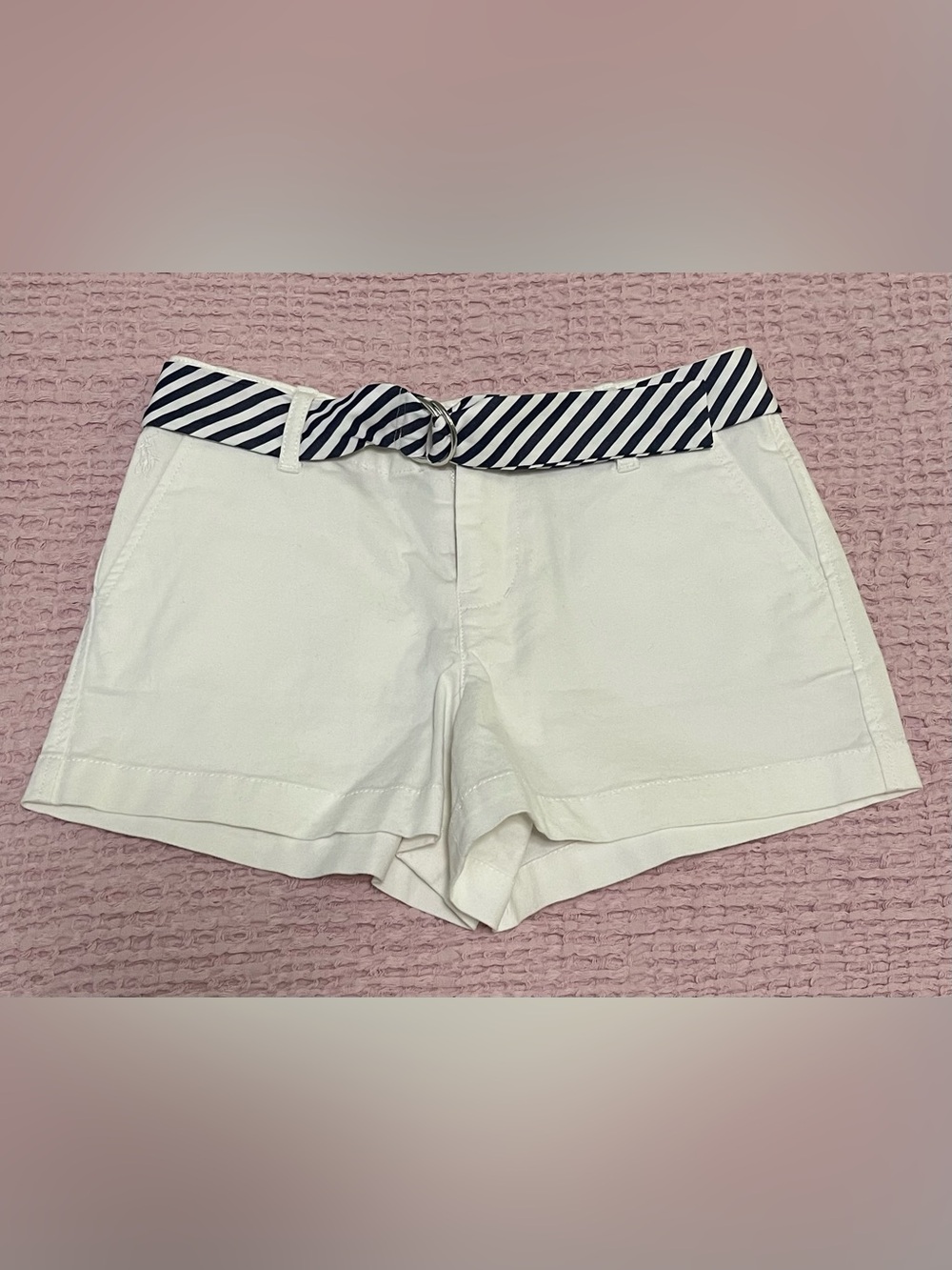 NWT Girls Polo Ralph Lauren White Classic Chino Shorts Navy Striped Belt Size 7